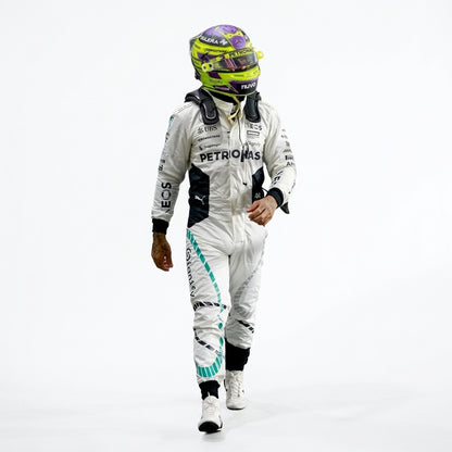 2024 Lewis Hamilton Qatar GP F1 Racing Suit in white and teal front view