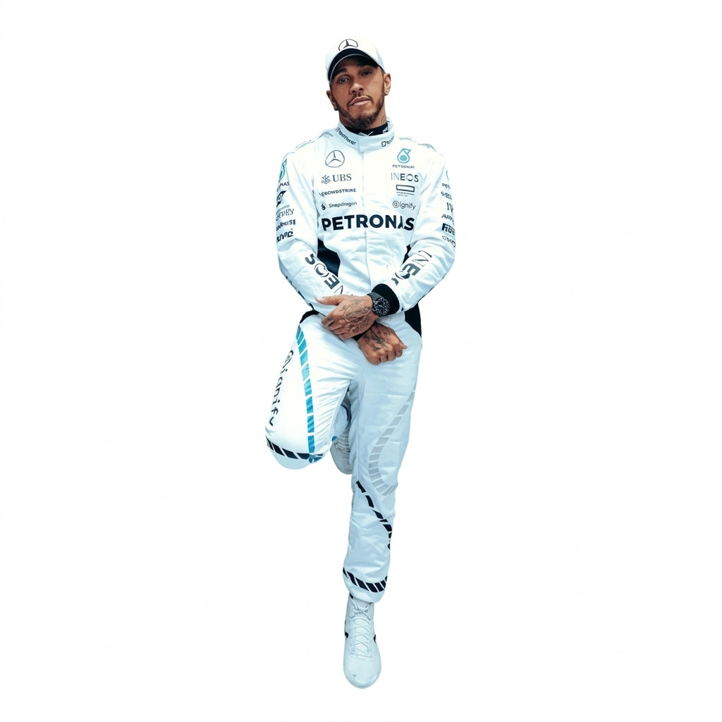 2024 Lewis Hamilton Qatar GP F1 Racing Suit in white and teal front view