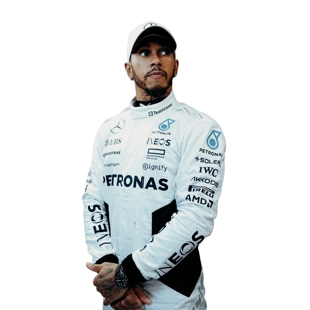 2024 Lewis Hamilton Qatar GP F1 Racing Suit in white and teal front view
