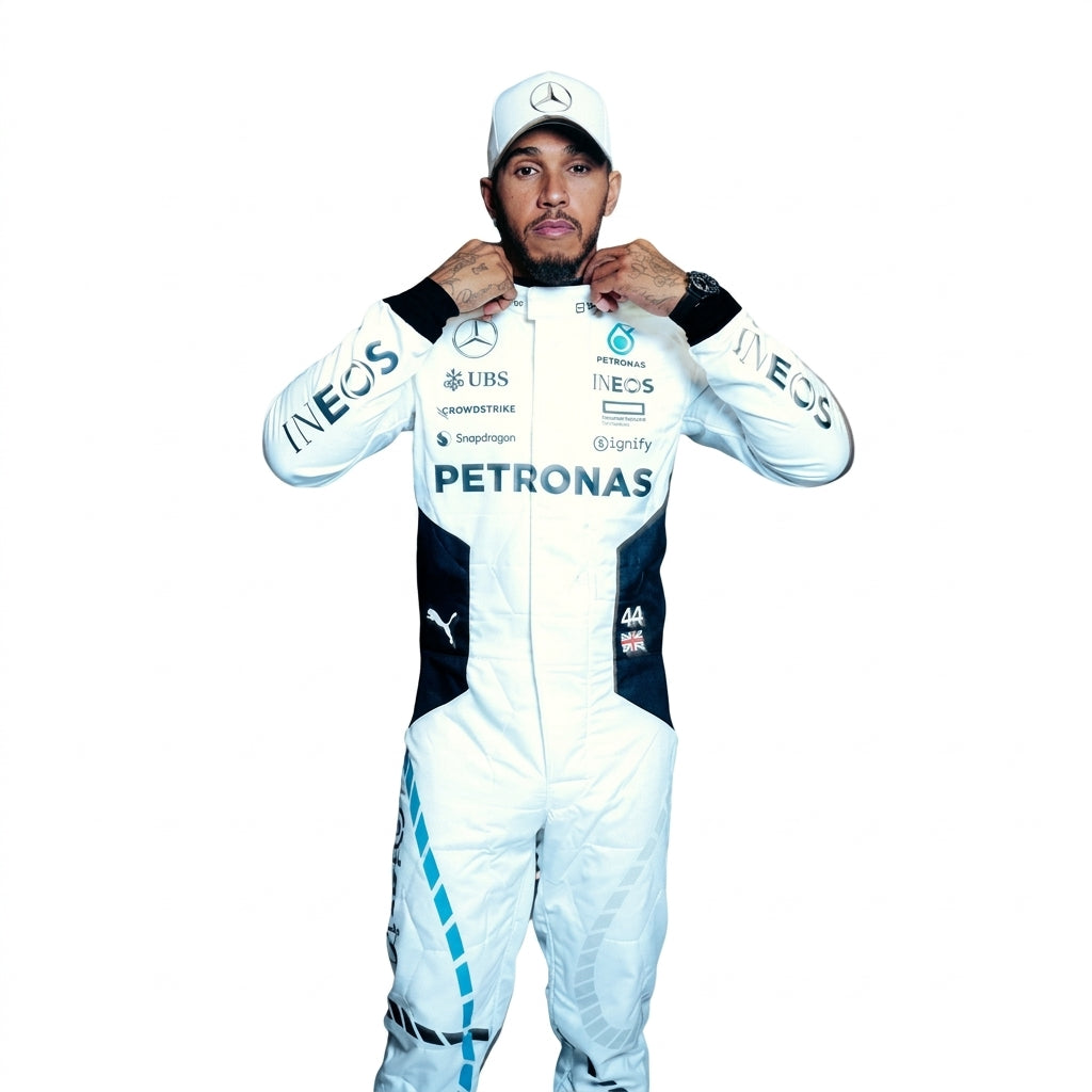 2024 Lewis Hamilton Qatar GP F1 Racing Suit in white and teal front view