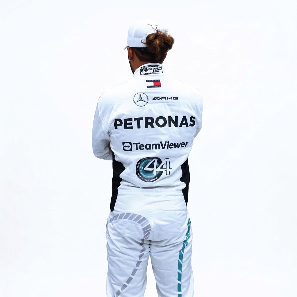 2024 Lewis Hamilton Qatar GP F1 Racing Suit in white and teal front view
