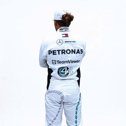 2024 Lewis Hamilton Qatar GP F1 Racing Suit in white and teal front view