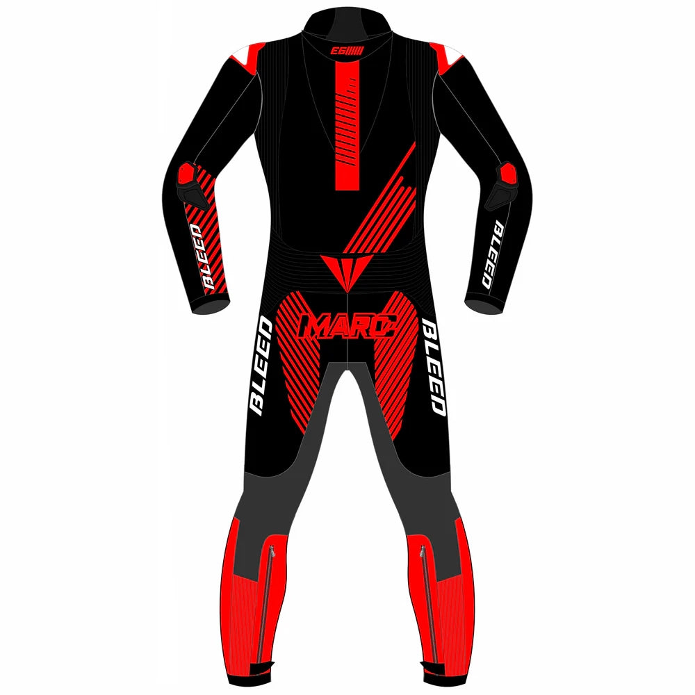 2024 Marc Marquez Winter Test MotoGP leather race suit in black and red with CE Level 2 armor, front view