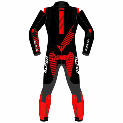 2024 Marc Marquez Winter Test MotoGP leather race suit in black and red with CE Level 2 armor, front view