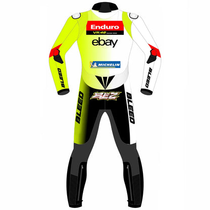 2024 Marco Bezzecchi Pertamina Enduro VR46 MotoGP leather race suit in fluo yellow, white, and red with CE Level 2 armor, front view