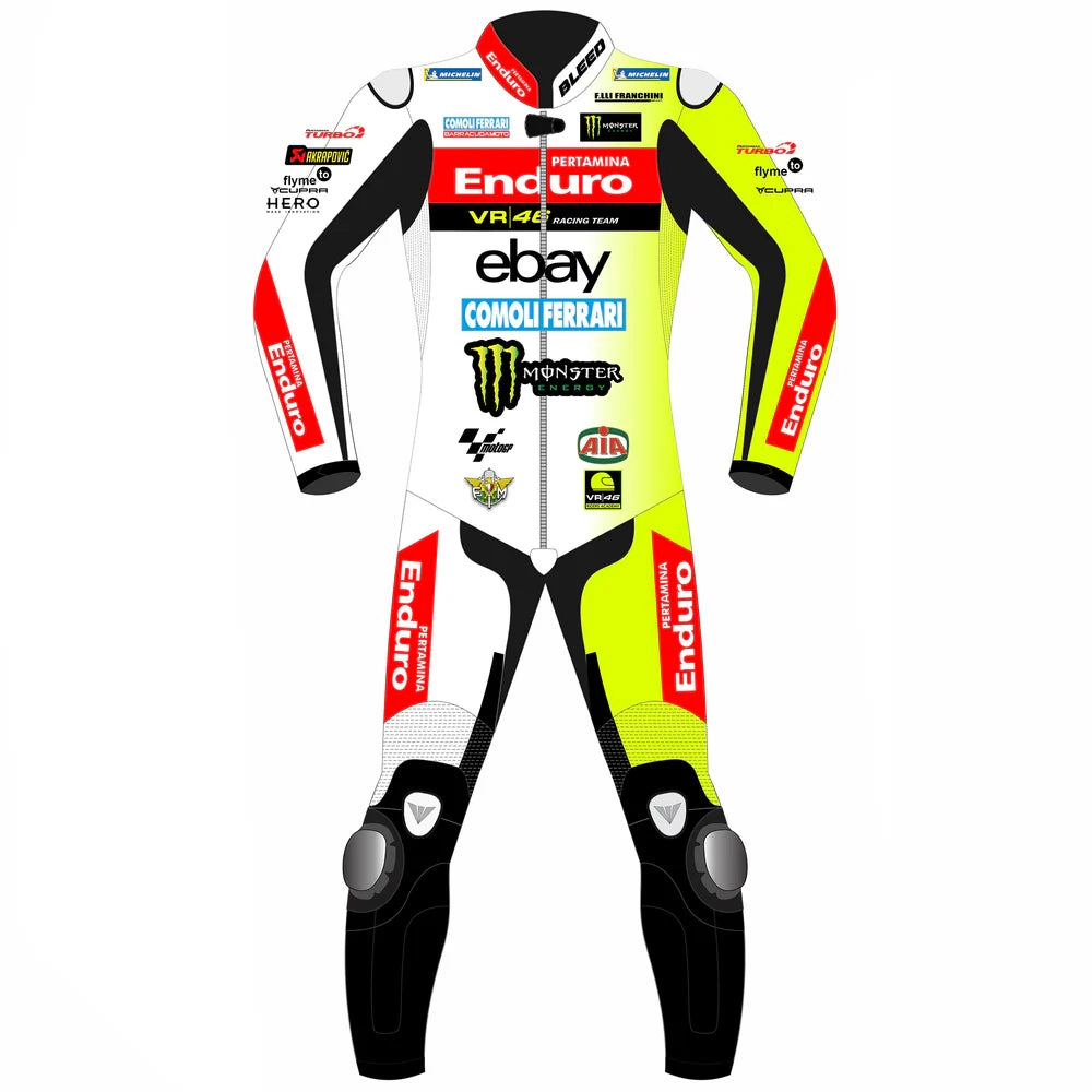 2024 Marco Bezzecchi Pertamina Enduro VR46 MotoGP leather race suit in fluo yellow, white, and red with CE Level 2 armor, front view
