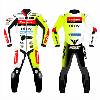 2024 Marco Bezzecchi Pertamina Enduro VR46 MotoGP leather race suit in fluo yellow, white, and red with CE Level 2 armor, front view