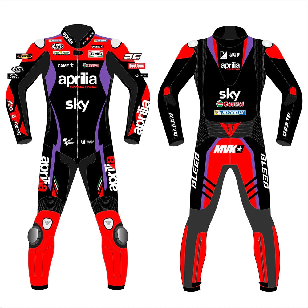 2024 Maverick Viñales Aprilia Racing MotoGP leather race suit in black, red, and purple with CE Level 2 armor, front view