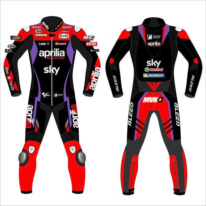 2024 Maverick Viñales Aprilia Racing MotoGP leather race suit in black, red, and purple with CE Level 2 armor, front view