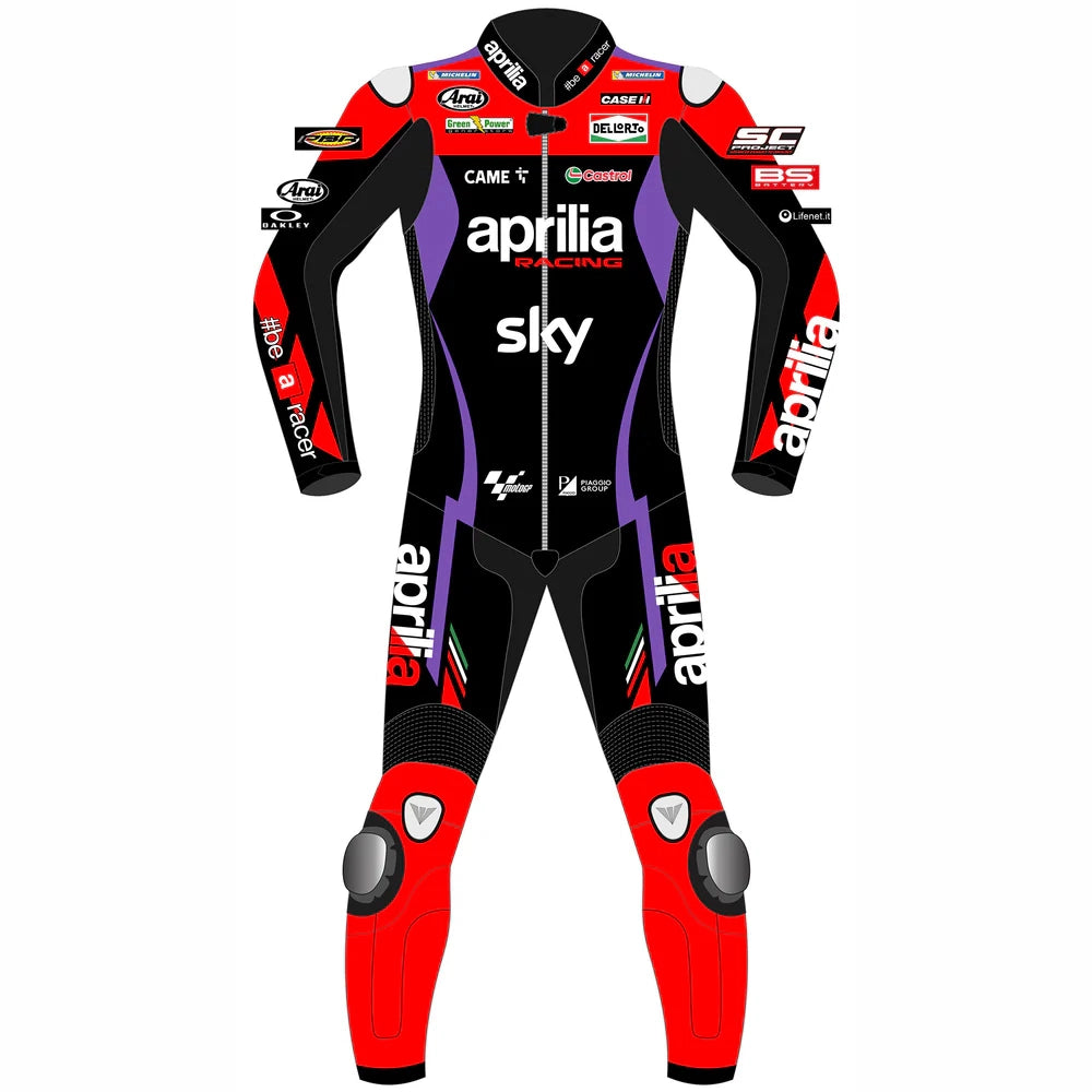 2024 Maverick Viñales Aprilia Racing MotoGP leather race suit in black, red, and purple with CE Level 2 armor, front view