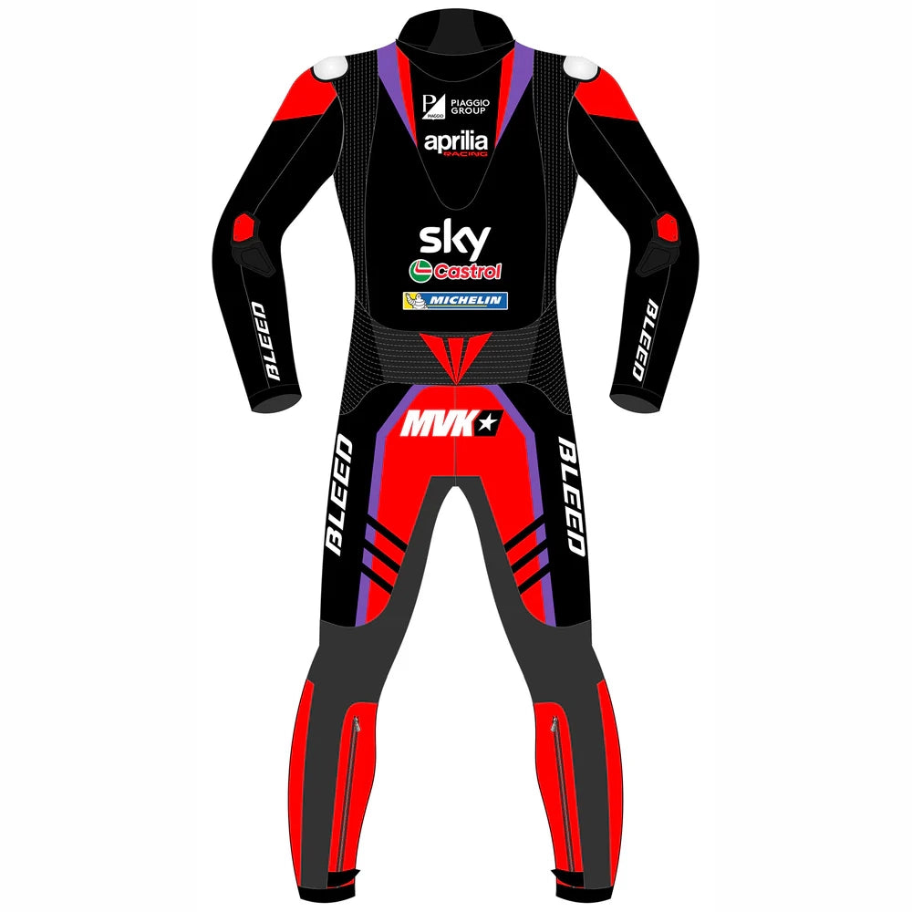 2024 Maverick Viñales Aprilia Racing MotoGP leather race suit in black, red, and purple with CE Level 2 armor, front view