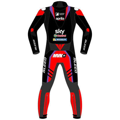 2024 Maverick Viñales Aprilia Racing MotoGP leather race suit in black, red, and purple with CE Level 2 armor, front view