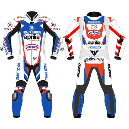 2024 Miguel Oliveira Trackhouse Aprilia MotoGP leather race suit in white, blue, and red with CE Level 2 armor, front view