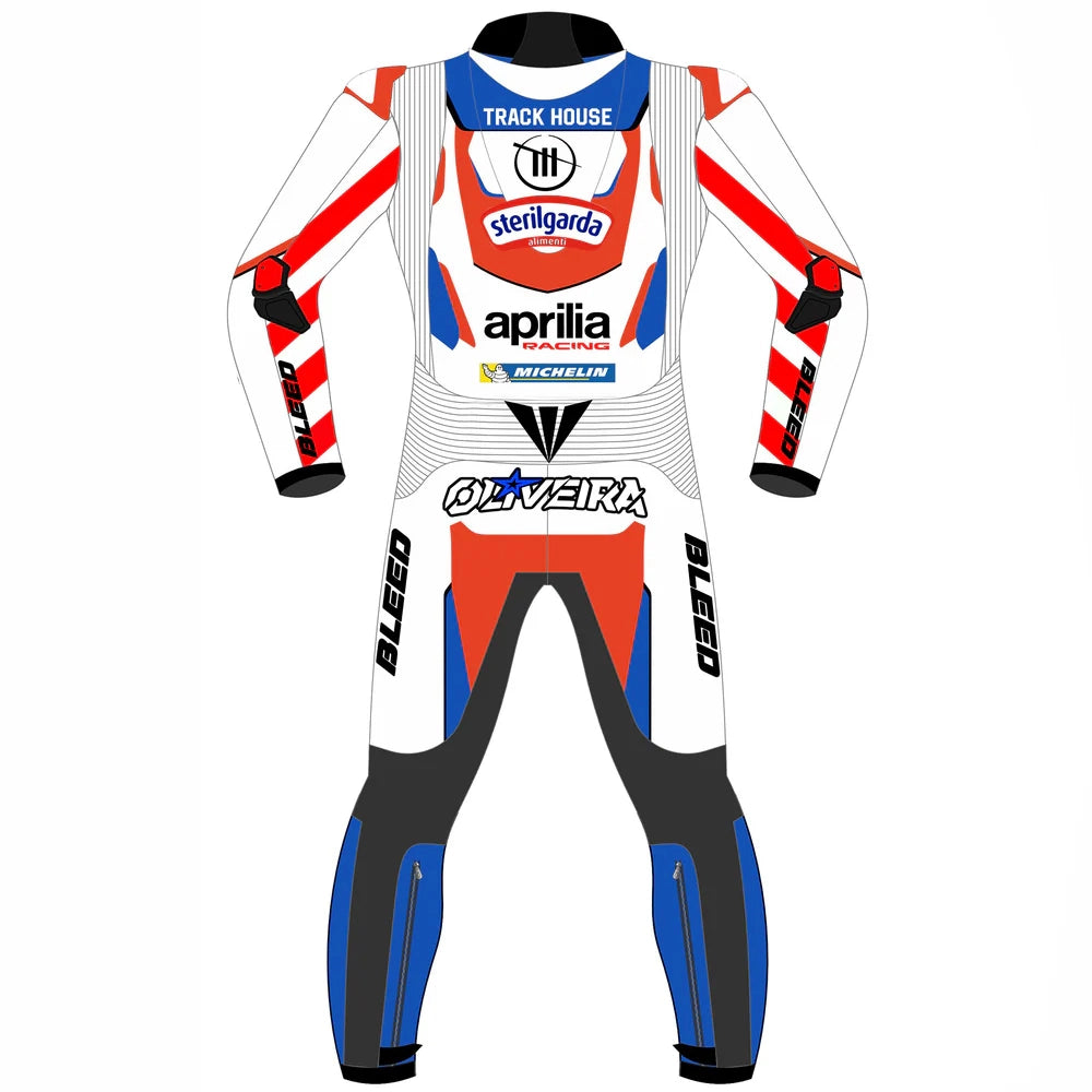2024 Miguel Oliveira Trackhouse Aprilia MotoGP leather race suit in white, blue, and red with CE Level 2 armor, front view
