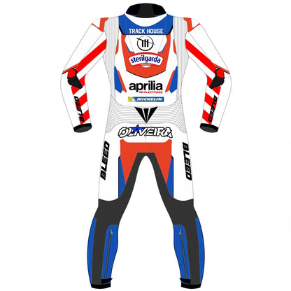 2024 Miguel Oliveira Trackhouse Aprilia MotoGP leather race suit in white, blue, and red with CE Level 2 armor, front view