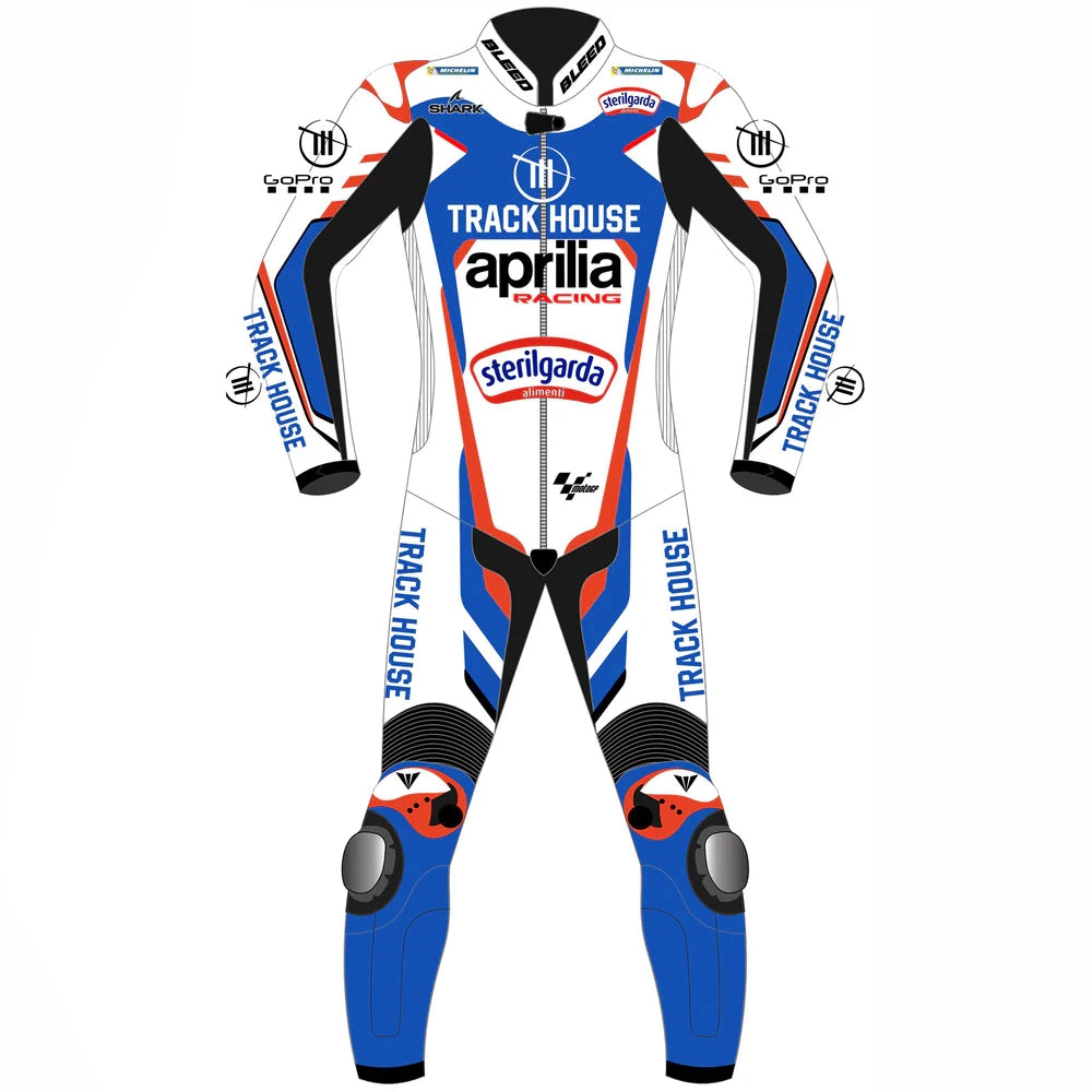 2024 Miguel Oliveira Trackhouse Aprilia MotoGP leather race suit in white, blue, and red with CE Level 2 armor, front view