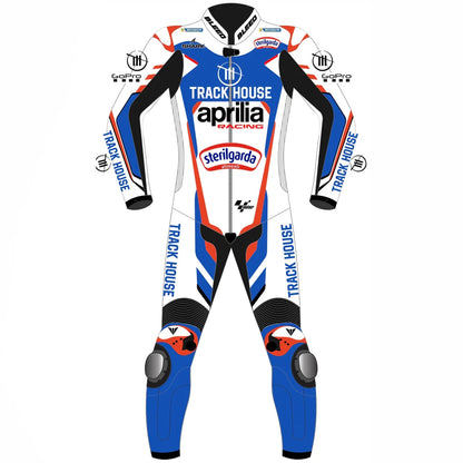 2024 Miguel Oliveira Trackhouse Aprilia MotoGP leather race suit in white, blue, and red with CE Level 2 armor, front view