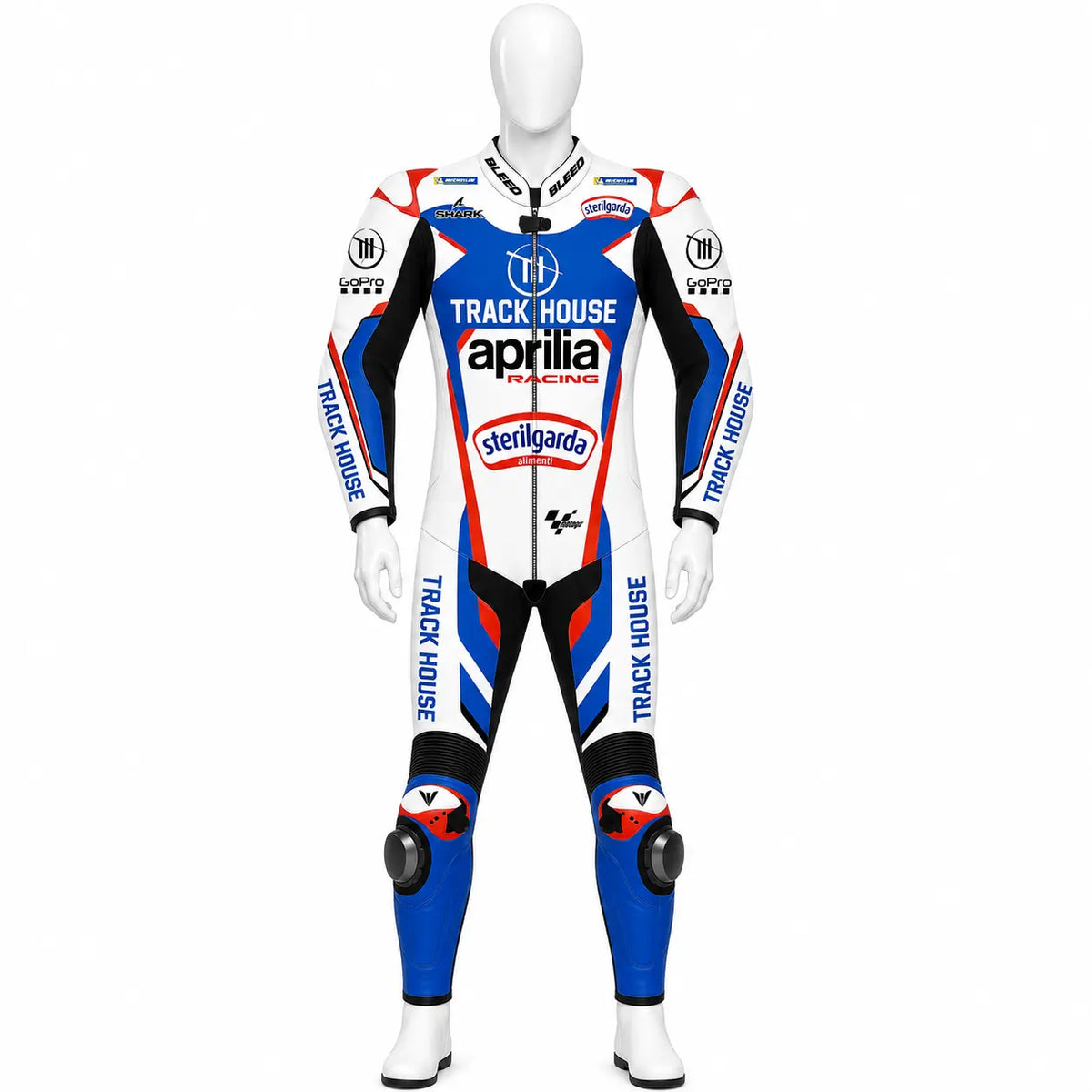 2024 Raul Fernandez Trackhouse Aprilia MotoGP leather race suit in white, blue, and red with CE Level 2 armor, front view