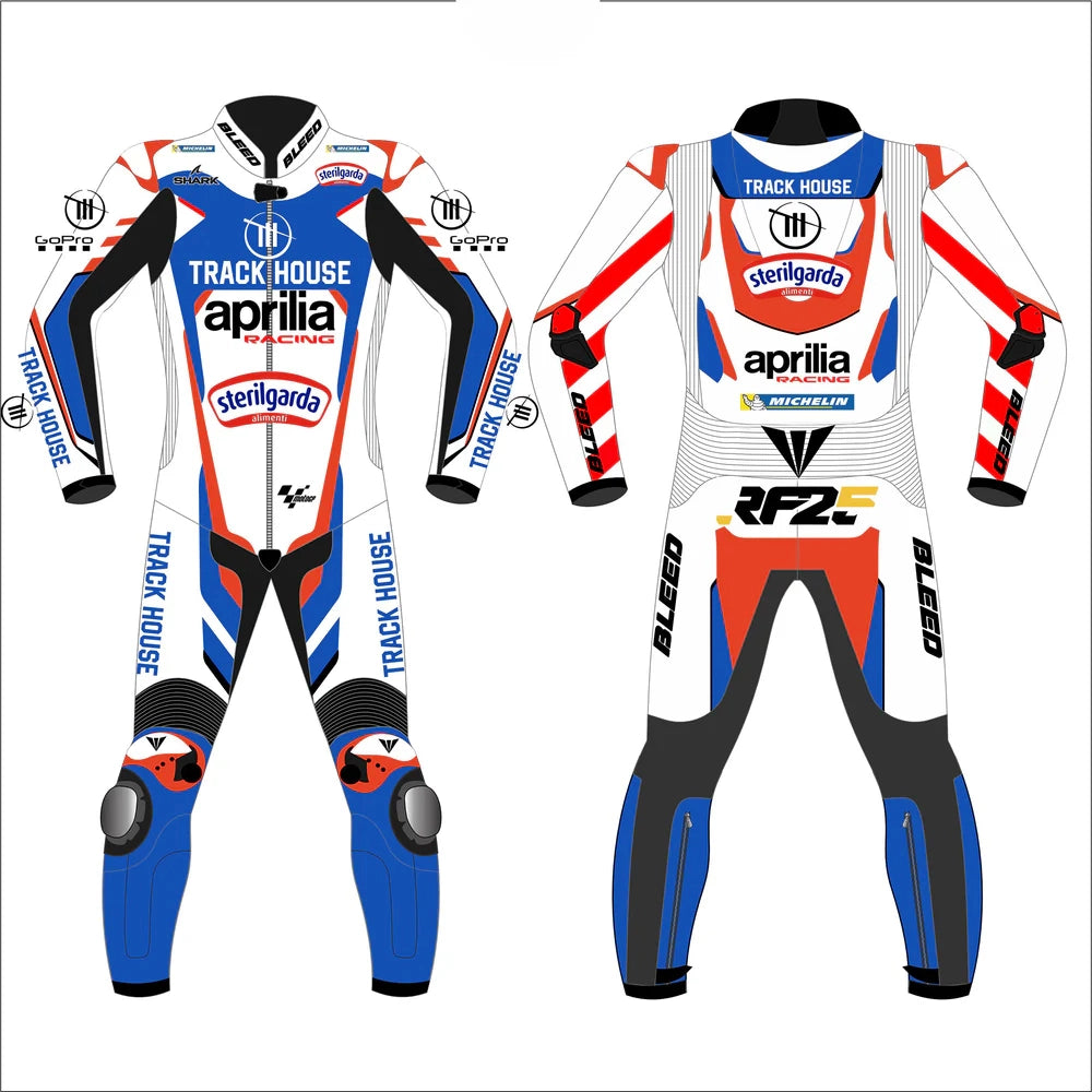 2024 Raul Fernandez Trackhouse Aprilia MotoGP leather race suit in white, blue, and red with CE Level 2 armor, front view