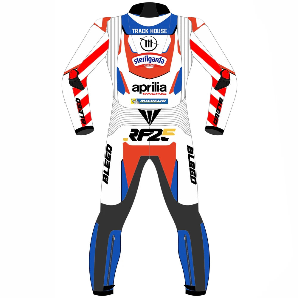 2024 Raul Fernandez Trackhouse Aprilia MotoGP leather race suit in white, blue, and red with CE Level 2 armor, front view