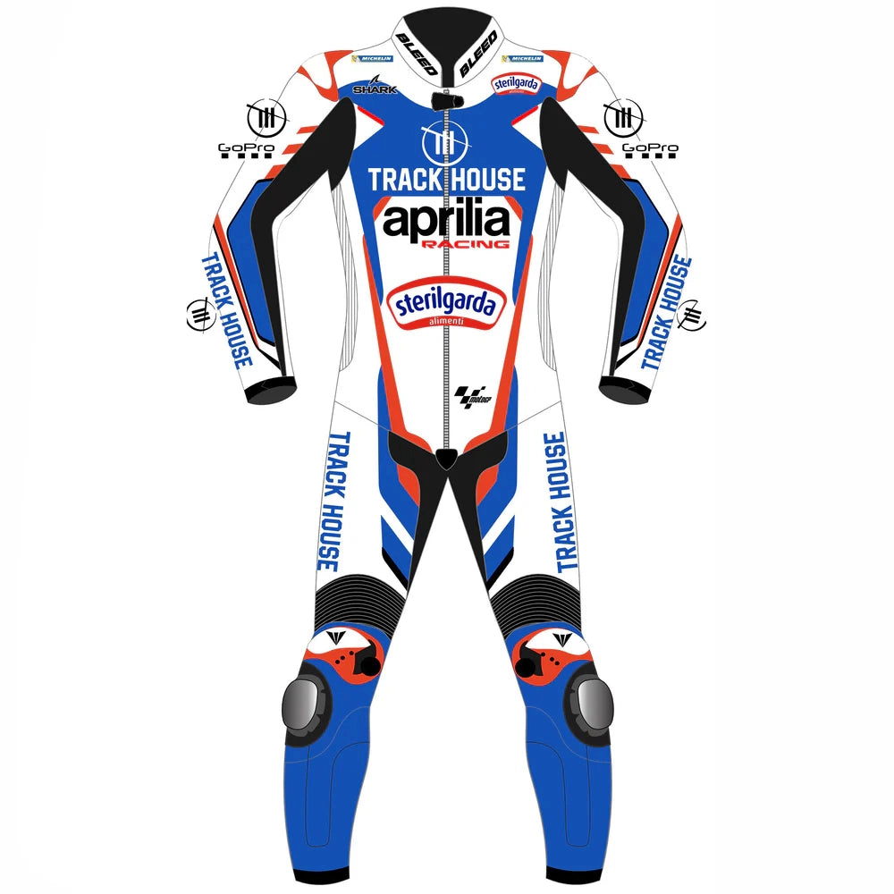 2024 Raul Fernandez Trackhouse Aprilia MotoGP leather race suit in white, blue, and red with CE Level 2 armor, front view