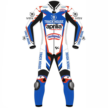 2024 Raul Fernandez Trackhouse Aprilia MotoGP leather race suit in white, blue, and red with CE Level 2 armor, front view