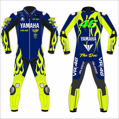 2024 Valentino Rossi Portimao Test leather race suit in blue and fluo yellow flames with CE Level 2 armor, front view