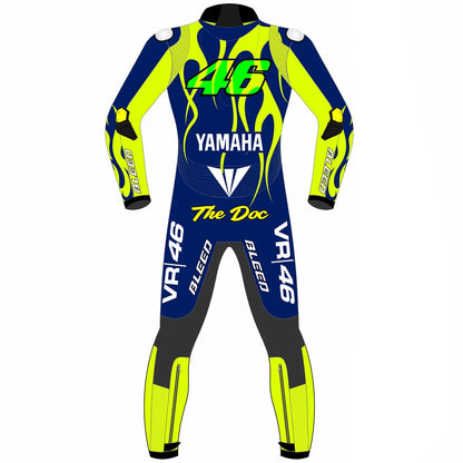 2024 Valentino Rossi Portimao Test leather race suit in blue and fluo yellow flames with CE Level 2 armor, front view