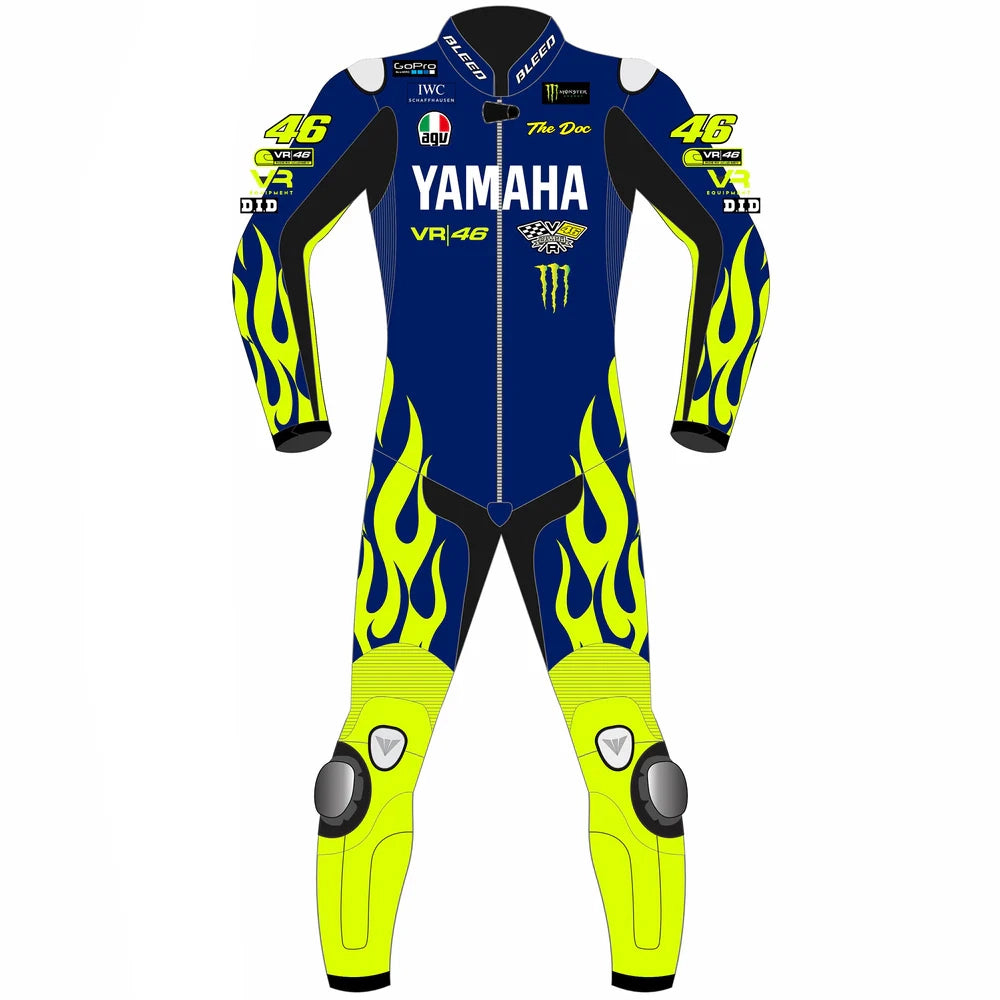 2024 Valentino Rossi Portimao Test leather race suit in blue and fluo yellow flames with CE Level 2 armor, front view