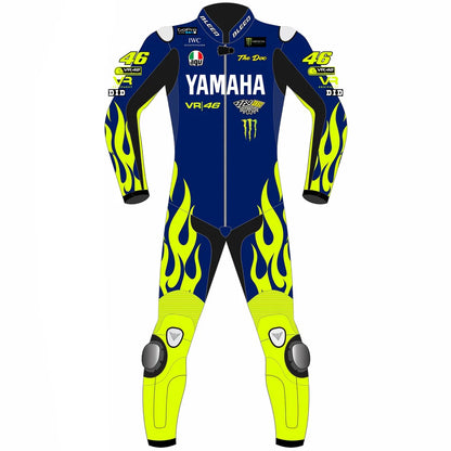 2024 Valentino Rossi Portimao Test leather race suit in blue and fluo yellow flames with CE Level 2 armor, front view