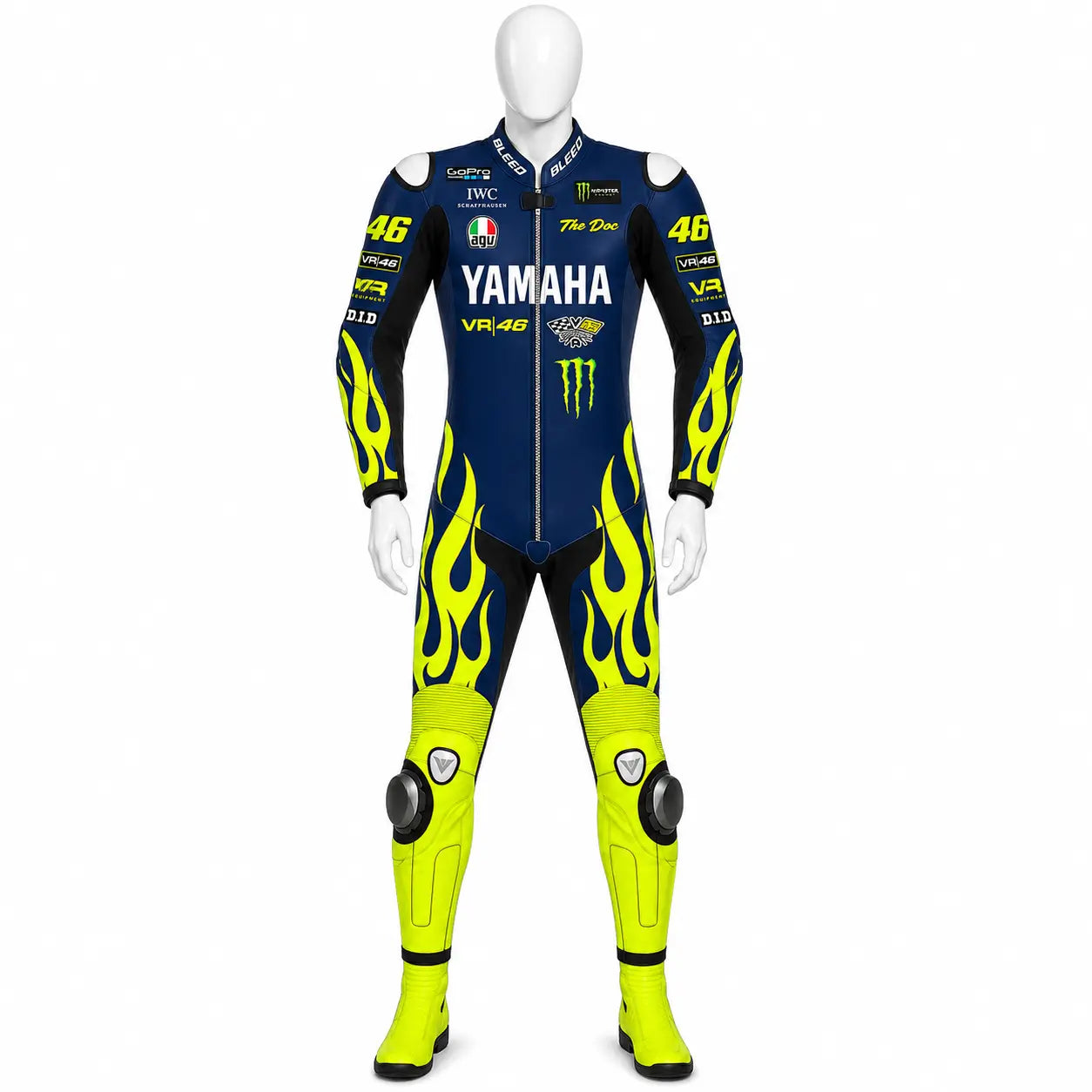 2024 Valentino Rossi Portimao Test leather race suit in blue and fluo yellow flames with CE Level 2 armor, front view