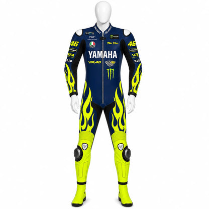 2024 Valentino Rossi Portimao Test leather race suit in blue and fluo yellow flames with CE Level 2 armor, front view