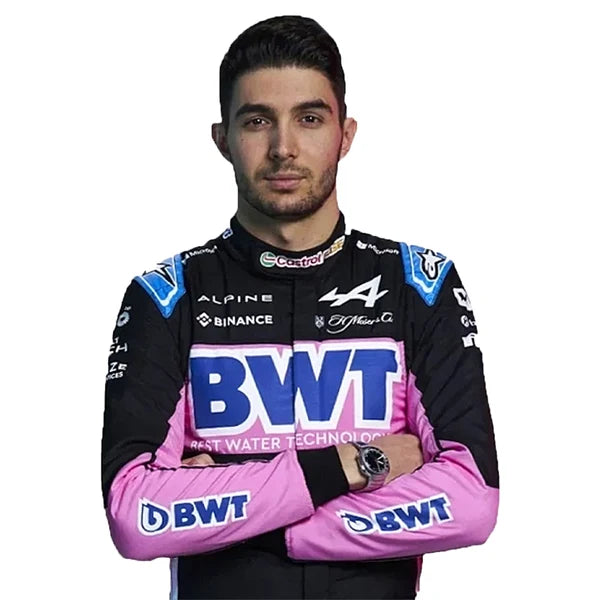 Esteban Ocon Alpine F1 Race Suit 3-piece bundle with race suit, black team t-shirt, and black balaclava front view