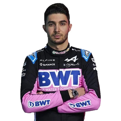 Esteban Ocon Alpine F1 Race Suit 3-piece bundle with race suit, black team t-shirt, and black balaclava front view
