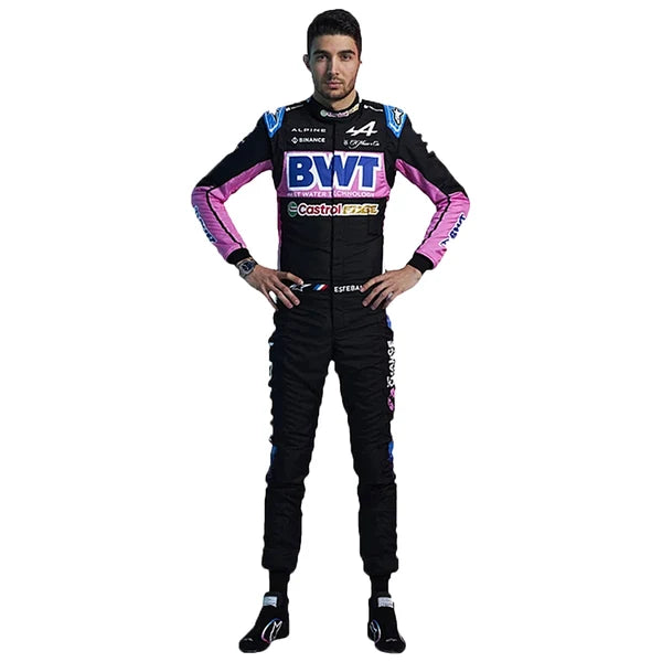 Esteban Ocon Alpine F1 Race Suit 3-piece bundle with race suit, black team t-shirt, and black balaclava front view