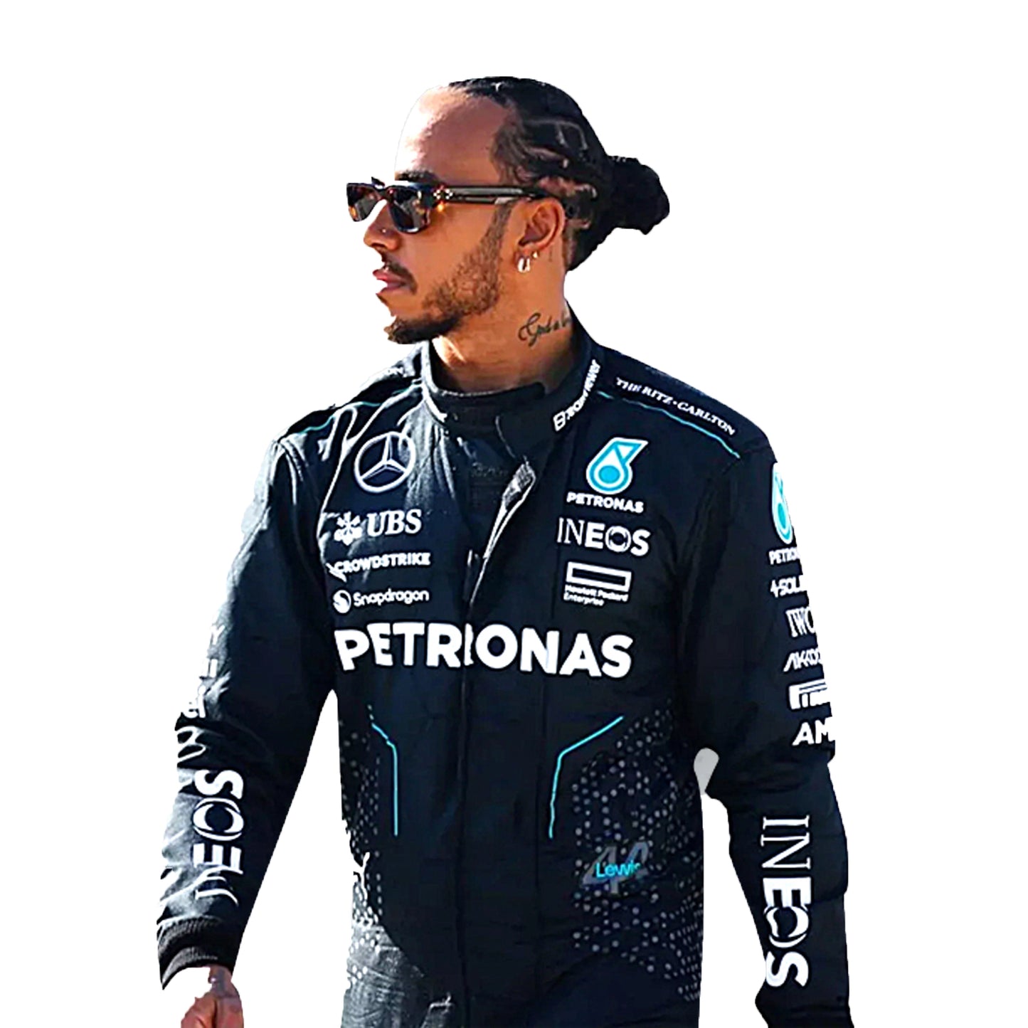 Person wearing a dark racing suit with various sponsor logos on a white background