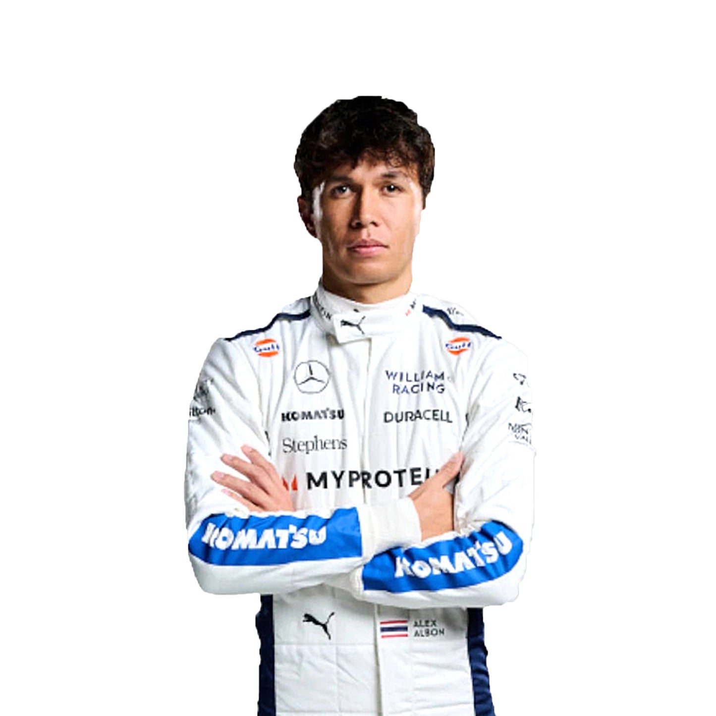 2024 Alexander Albon Williams F1 Race Suit in white and blue livery front view