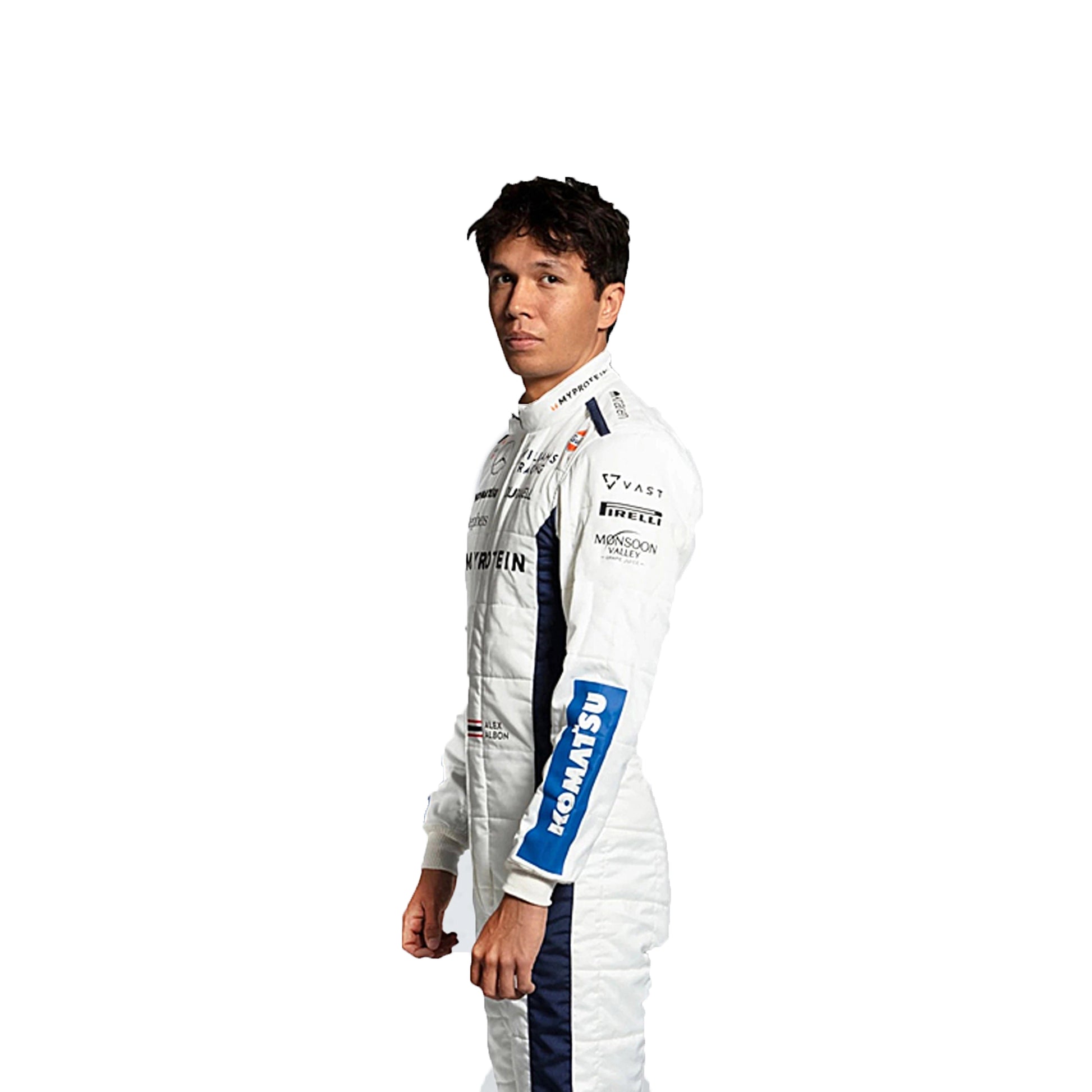 2024 Alexander Albon Williams F1 Race Suit in white and blue livery front view