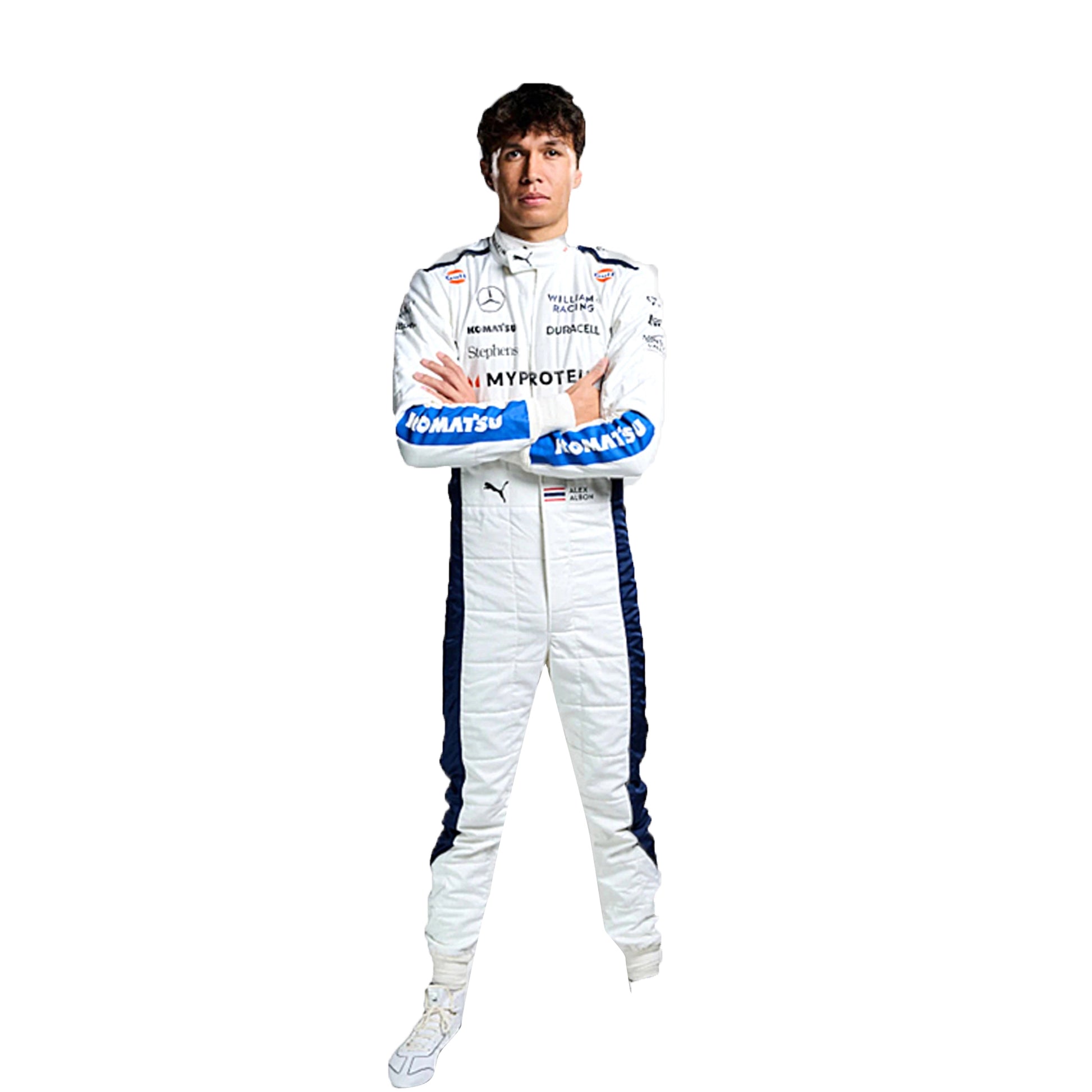 2024 Alexander Albon Williams F1 Race Suit in white and blue livery front view