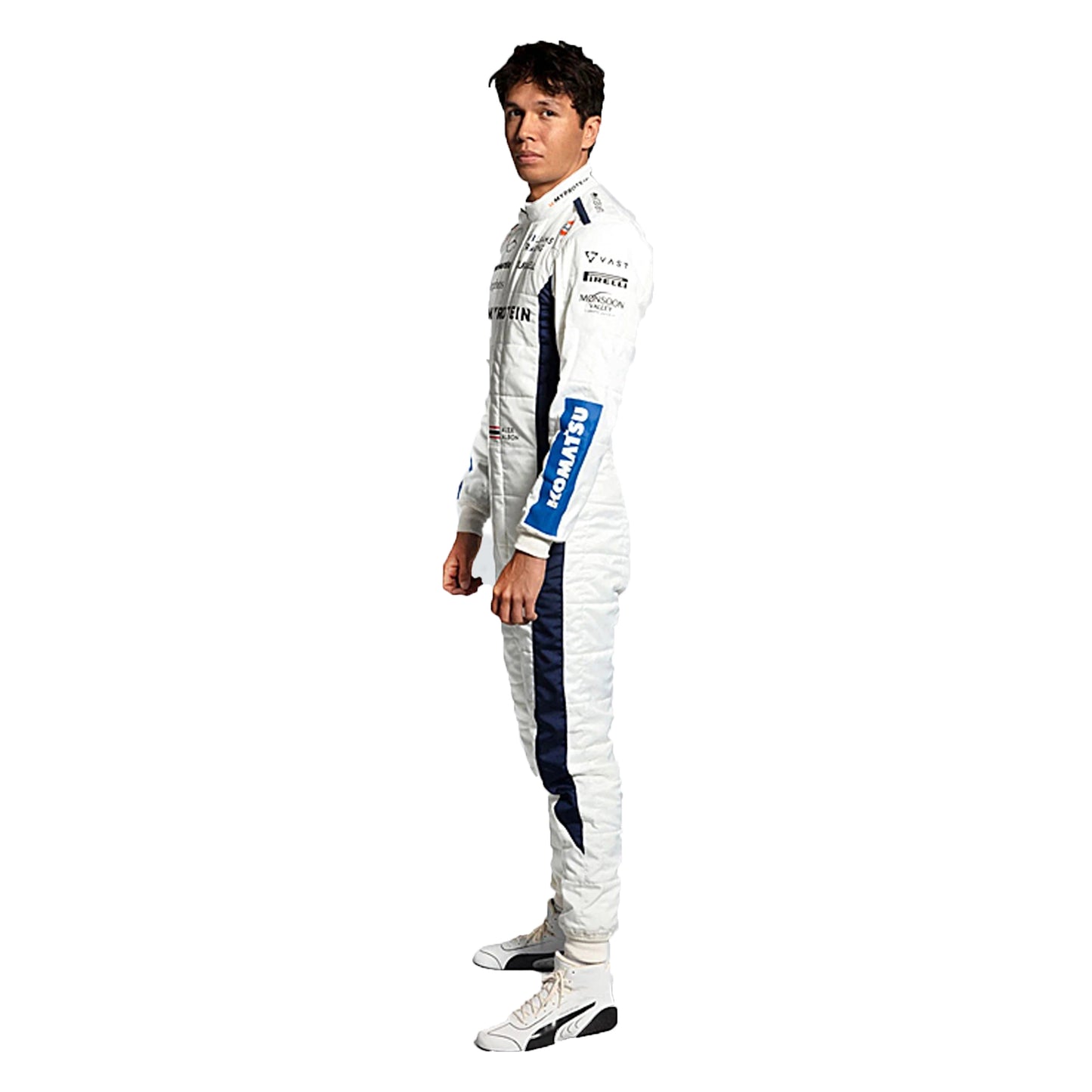 2024 Alexander Albon Williams F1 Race Suit in white and blue livery front view