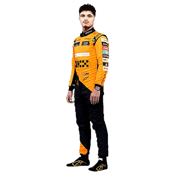 2024 Lando Norris McLaren F1 Racing Suit Kit featuring papaya orange and dark charcoal race suit, black and orange racing gloves, and low-profile driving shoes