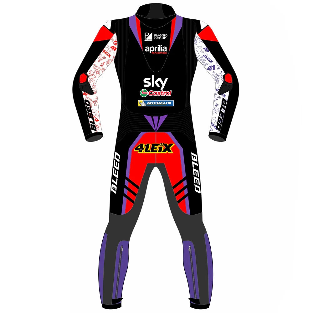 2024 Aleix Espargaro MotoGP leather racing suit front view black red purple Aprilia Racing graphics
