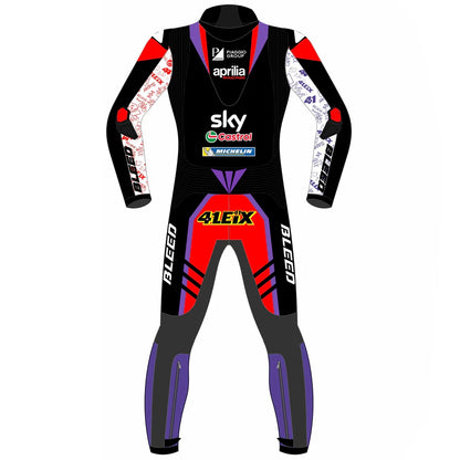 2024 Aleix Espargaro MotoGP leather racing suit front view black red purple Aprilia Racing graphics