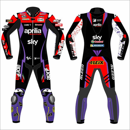 2024 Aleix Espargaro MotoGP leather racing suit front view black red purple Aprilia Racing graphics