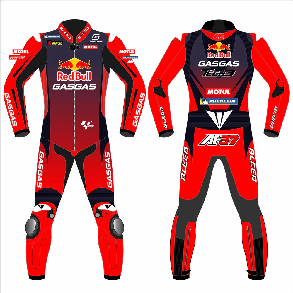 2024 Augusto Fernandez Red Bull GasGas MotoGP leather race suit in red and black with CE Level 2 armor, front view