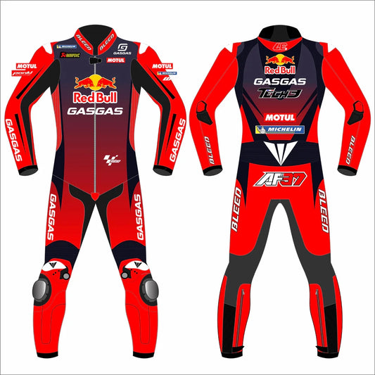 2024 Augusto Fernandez Red Bull GasGas MotoGP leather race suit in red and black with CE Level 2 armor, front view