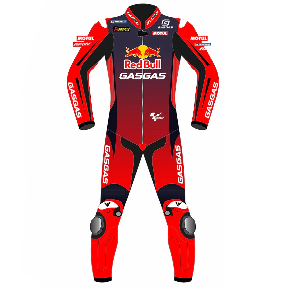2024 Augusto Fernandez Red Bull GasGas MotoGP leather race suit in red and black with CE Level 2 armor, front view