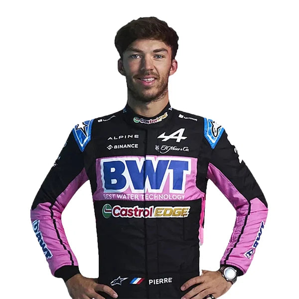 BWT Alpine F1 Go Kart Racing Suit 3-piece bundle with race suit, black team t-shirt, and black balaclava front view