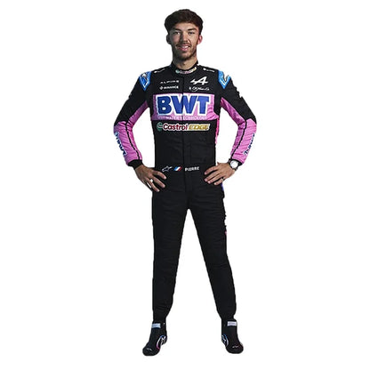 BWT Alpine F1 Go Kart Racing Suit 3-piece bundle with race suit, black team t-shirt, and black balaclava front view
