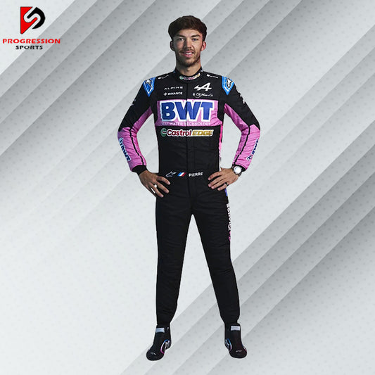 2024 Pierre Gasly BWT Alpine F1 race suit in pink and blue with BWT, Alpine, and Castrol sponsor logos

